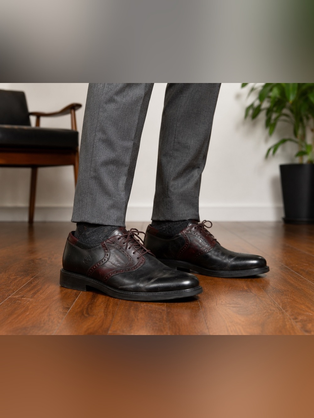 Timberland Black and Burgundy Leather Wingtip Oxfords
